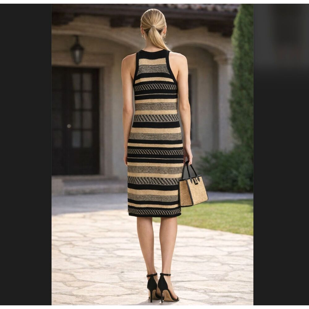 Lauren Ralph Lauren Sweater Dress L Petite Linen Cotton Tan Black Label Striped - Picture 7 of 10